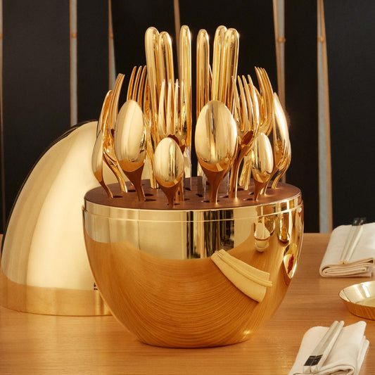 Premium 24 Pcs Golden Cutlery Set with Oval Stand | Luxury Spoon & Fork Set | Elegant Egg-Shaped Holder Design