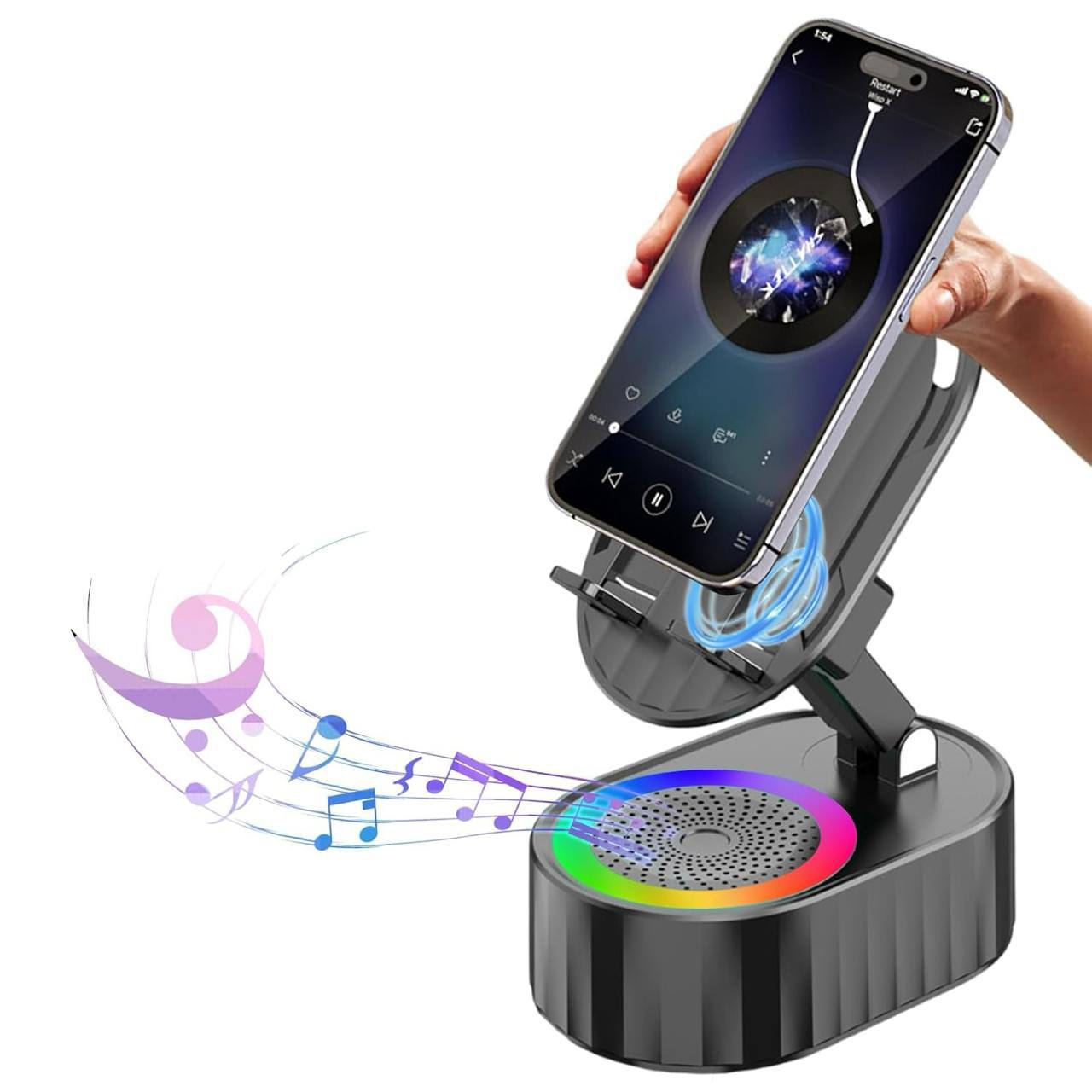 5-in-1 Wireless Induction Speaker with 300° Rotating Phone Stand & Ambient Light | Wireless + Non-Bluetooth Play | Rechargeable Portable Speaker