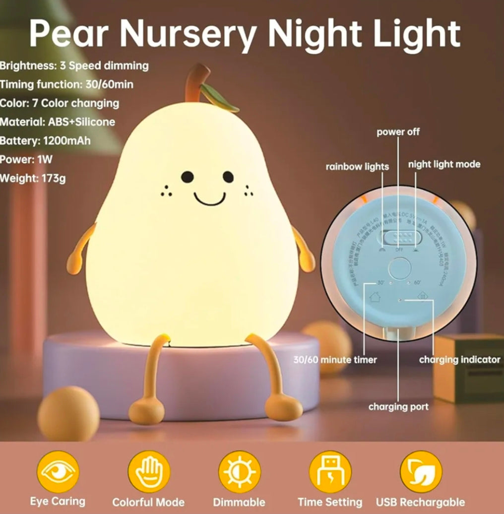 Cute Pear Night Lamp – Soft Silicone Cartoon LED Light for Kids Room, Bedroom & Gifting